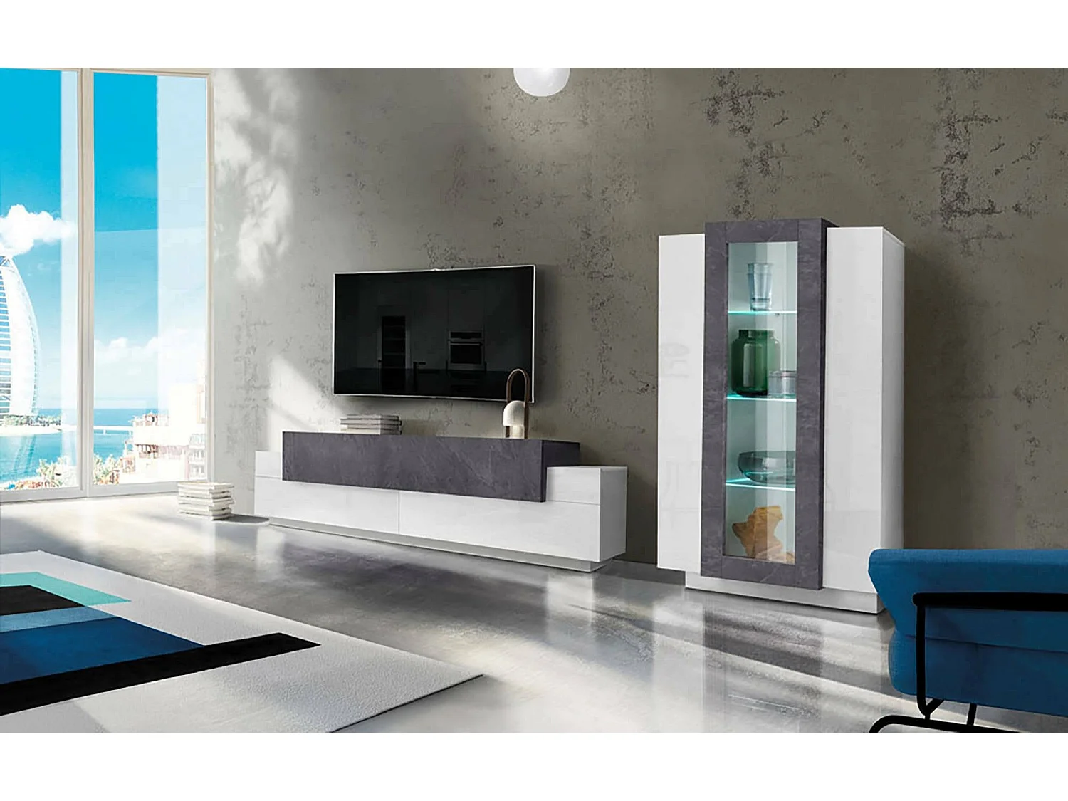 Dmora - Parete attrezzata Anisia, cm 280x45h121, Bianco lucido e Ardesia