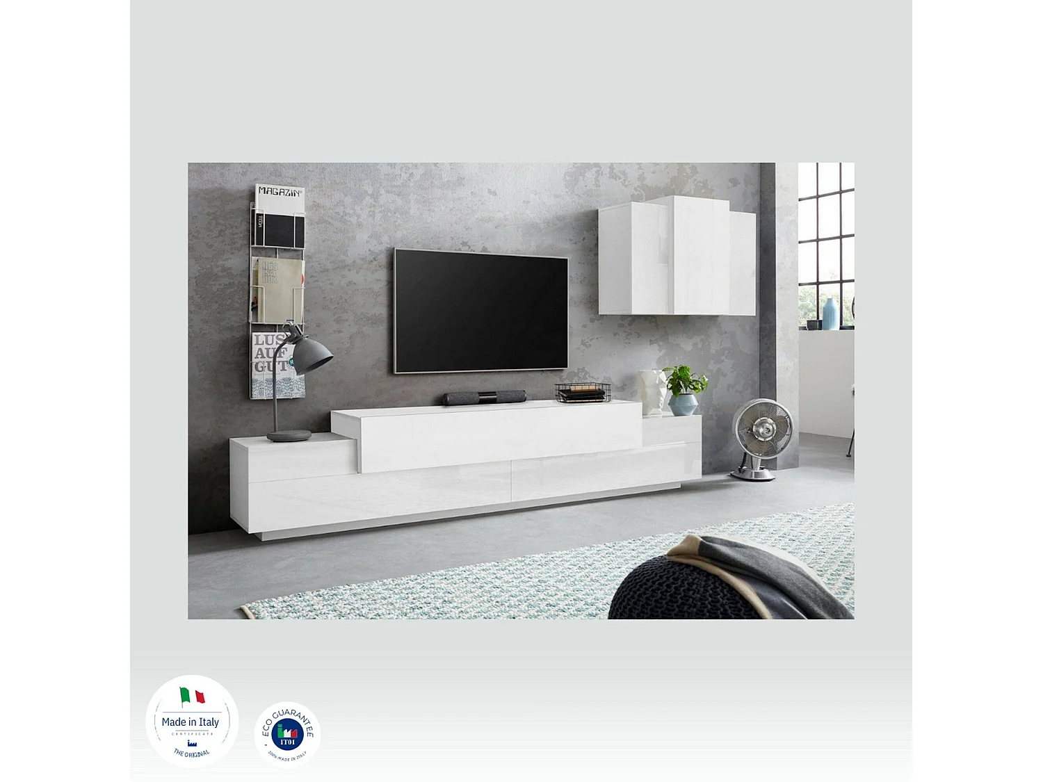 Système mural Dmar, ensemble de salon meuble TV, meuble de salon polyvalent, 100% Made in Italy, 240x45h180 cm, Blanc brillant