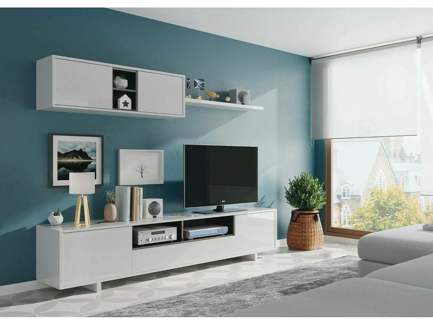 Dafanti wandsysteem, TV-meubel woonkamermeubel, Samenstelling woonkamerset, Woonkamerset met wandmeubel, 200x41h46 cm, Glanzend wit