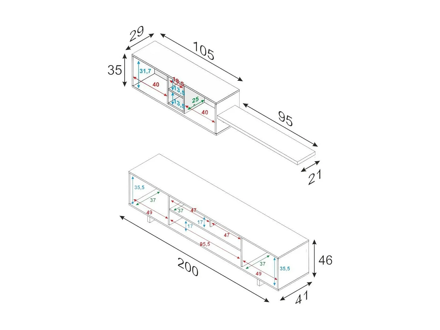 Sistema de parede Dafanti, móvel de sala de TV, composição de conjunto de sala, conjunto de sala com móvel de parede, 200x41h46 cm, branco brilhante