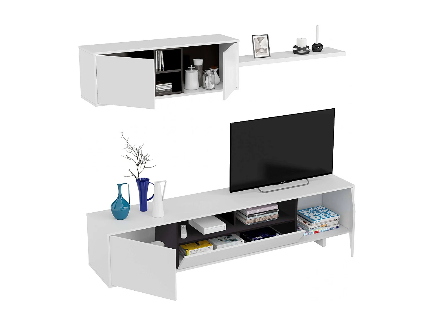 Sistema de parede Dafanti, móvel de sala de TV, composição de conjunto de sala, conjunto de sala com móvel de parede, 200x41h46 cm, branco brilhante