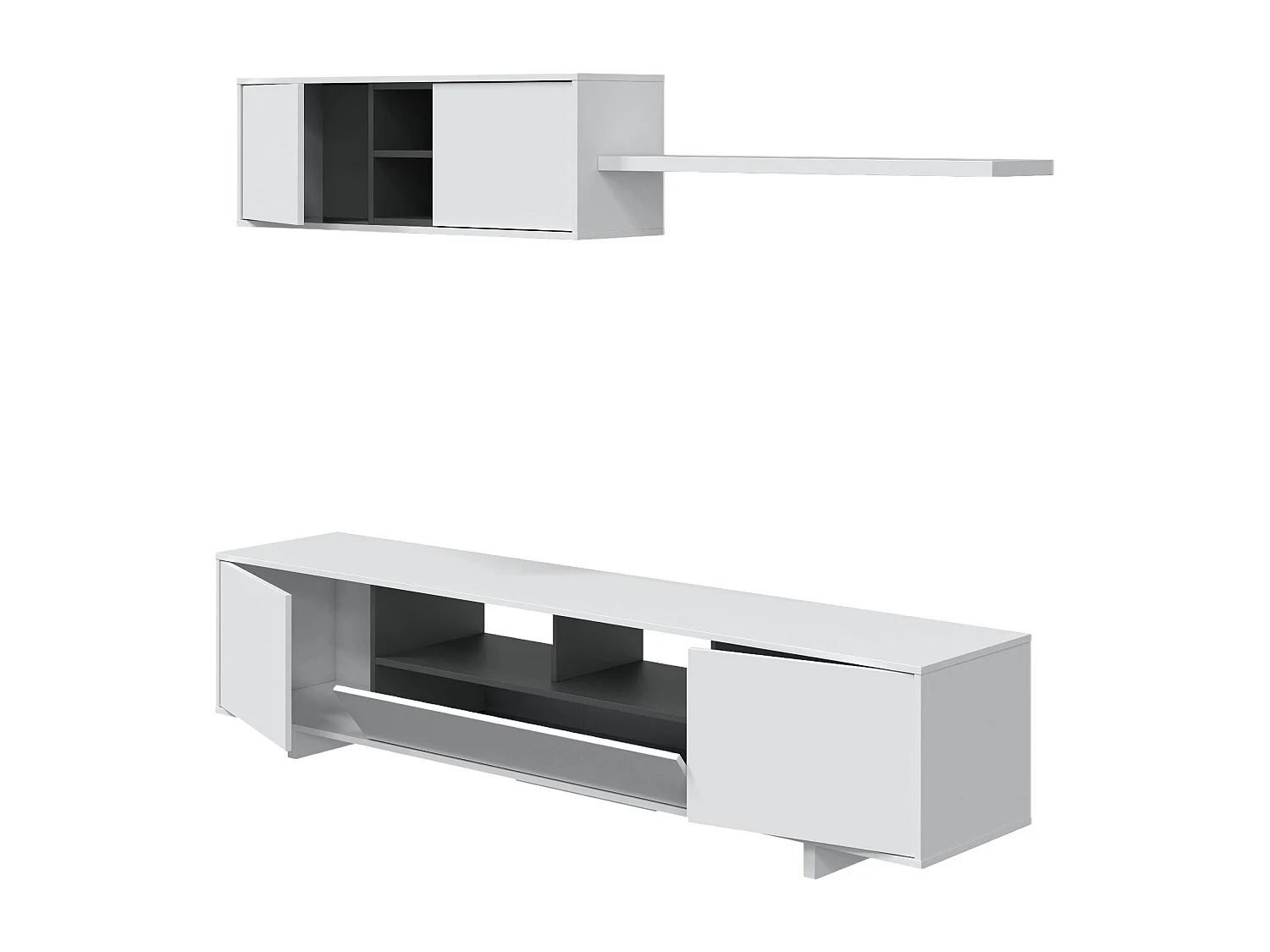 Sistema de parede Dafanti, móvel de sala de TV, composição de conjunto de sala, conjunto de sala com móvel de parede, 200x41h46 cm, branco brilhante