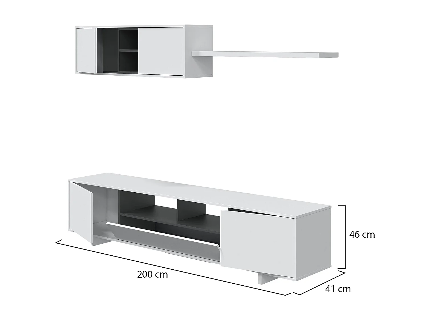 Sistema de parede Dafanti, móvel de sala de TV, composição de conjunto de sala, conjunto de sala com móvel de parede, 200x41h46 cm, branco brilhante