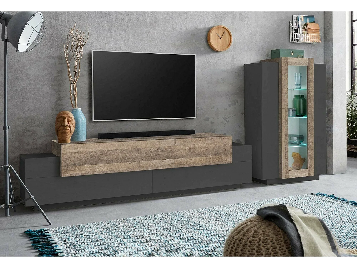 Élément mural Dfest, ensemble de salon meuble TV, meuble de salon polyvalent, 100% Made in Italy, 280x45h120 cm, Anthracite et Chêne