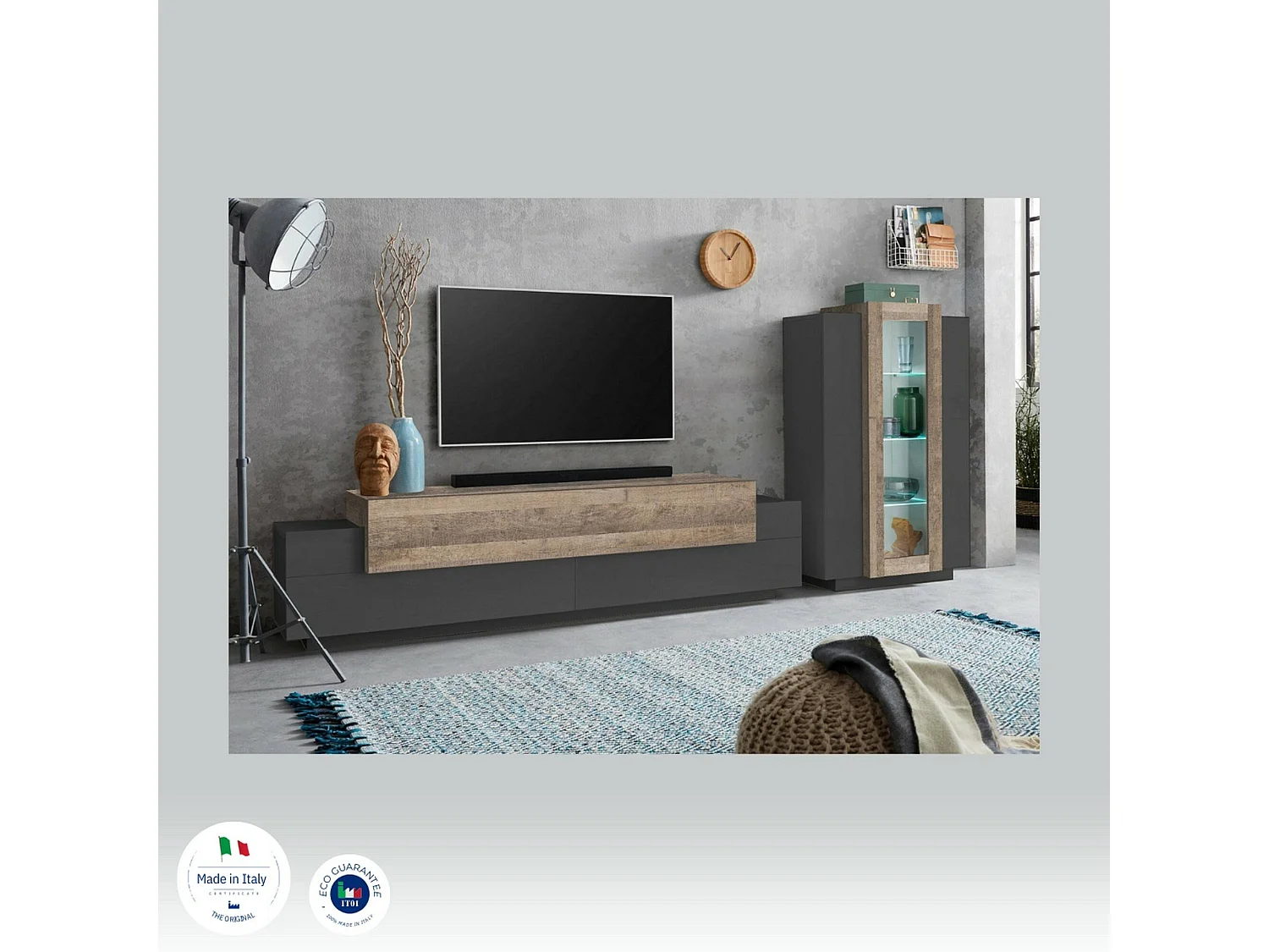 Élément mural Dfest, ensemble de salon meuble TV, meuble de salon polyvalent, 100% Made in Italy, 280x45h120 cm, Anthracite et Chêne