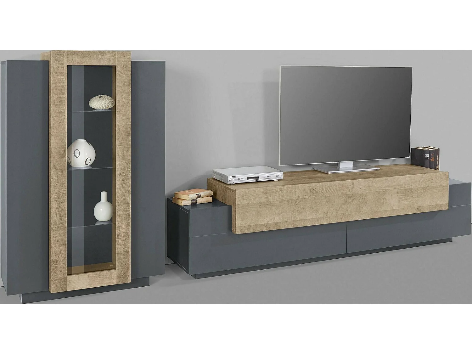 Élément mural Dfest, ensemble de salon meuble TV, meuble de salon polyvalent, 100% Made in Italy, 280x45h120 cm, Anthracite et Chêne