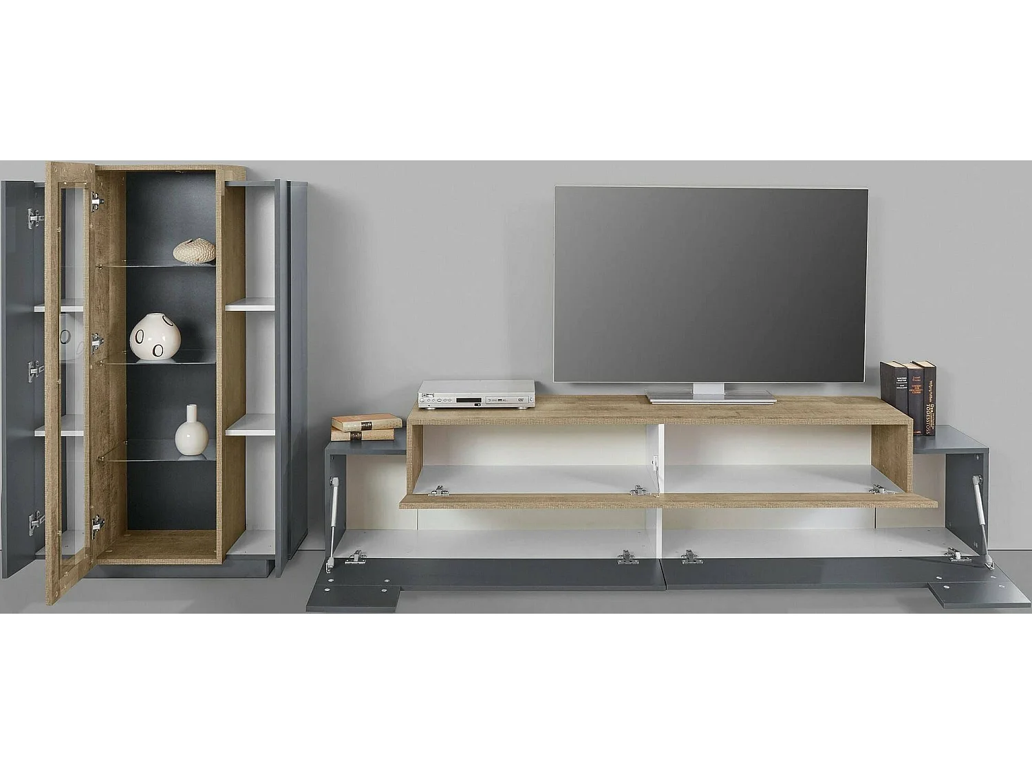 Élément mural Dfest, ensemble de salon meuble TV, meuble de salon polyvalent, 100% Made in Italy, 280x45h120 cm, Anthracite et Chêne