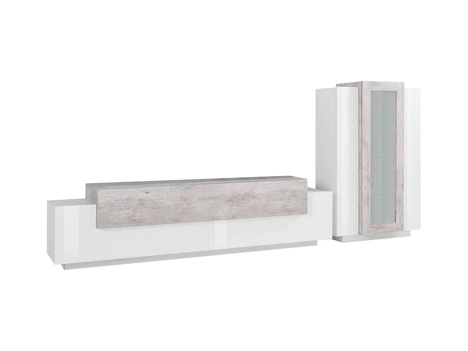 Système mural Djazir, ensemble de salon meuble TV, meuble de salon polyvalent, 100% Made in Italy, 280x45h121 cm, blanc brillant et béton
