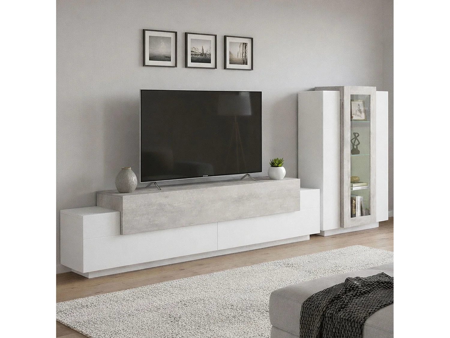 Système mural Djazir, ensemble de salon meuble TV, meuble de salon polyvalent, 100% Made in Italy, 280x45h121 cm, blanc brillant et béton