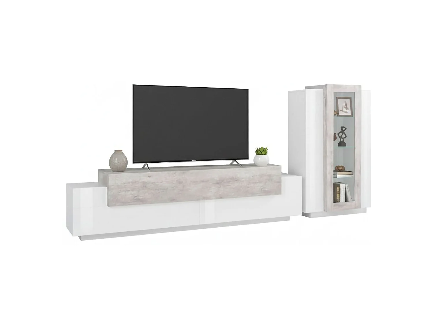Système mural Djazir, ensemble de salon meuble TV, meuble de salon polyvalent, 100% Made in Italy, 280x45h121 cm, blanc brillant et béton