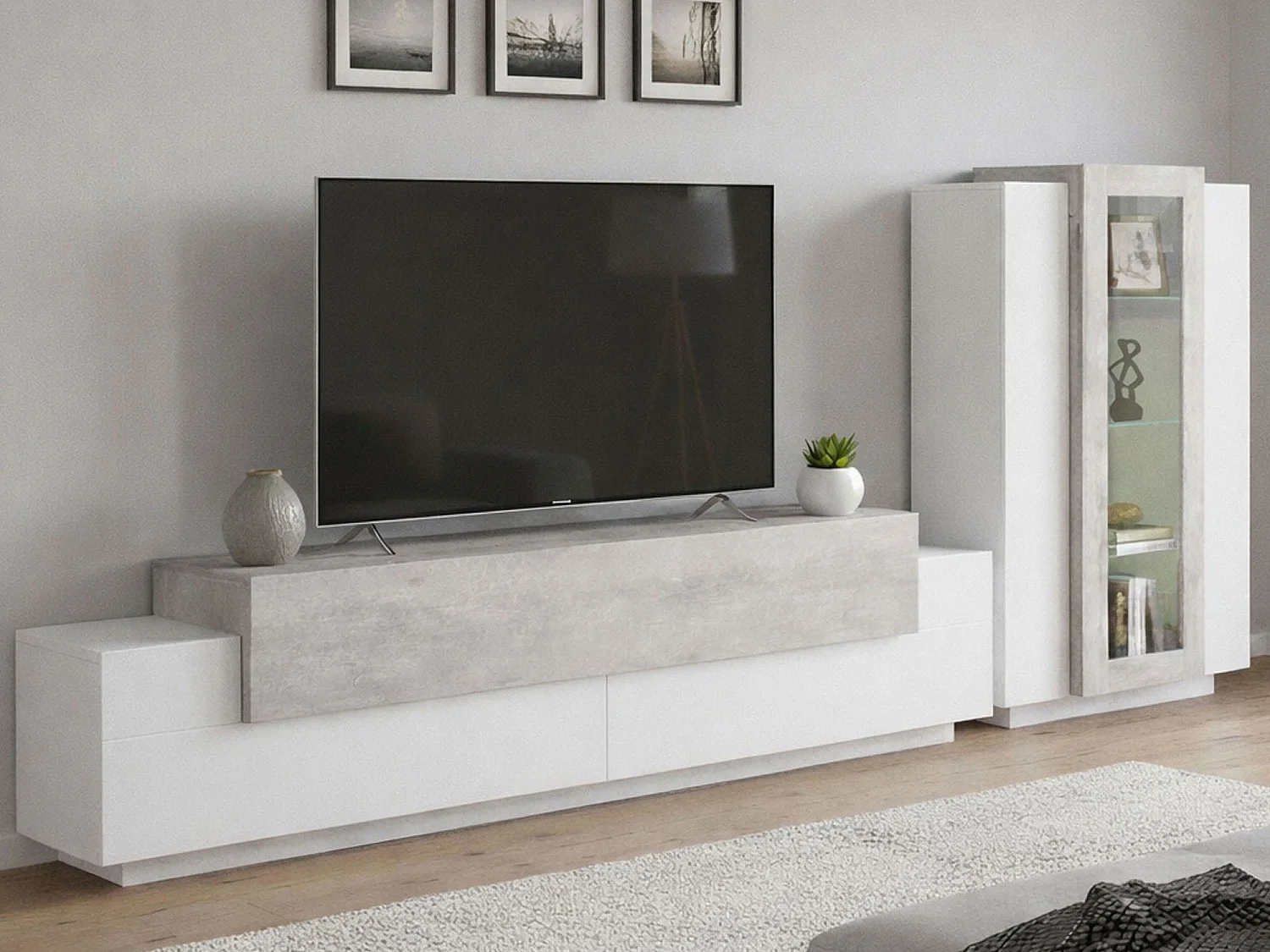 Système mural Djazir, ensemble de salon meuble TV, meuble de salon polyvalent, 100% Made in Italy, 280x45h121 cm, blanc brillant et béton