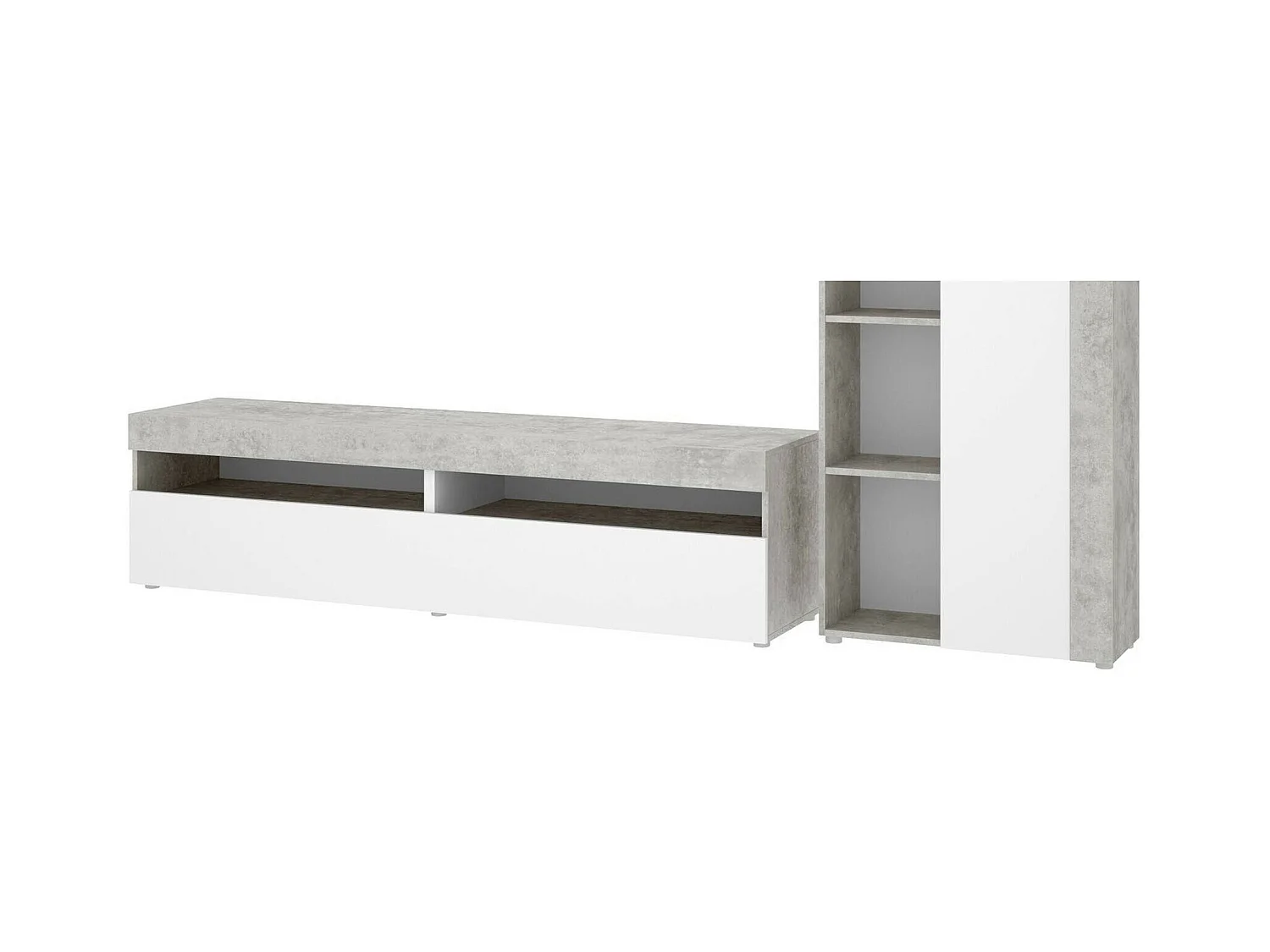Système mural Dament, Ensemble de salon modulable, Meubles de salon multi-positions, 265x42h180 cm, Blanc et Ciment