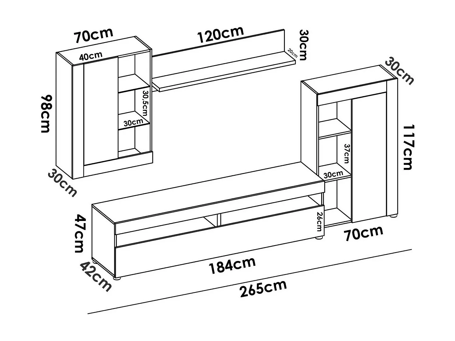 Dament wandsysteem, Modulaire woonkamerset, Multi-positie woonkamermeubilair, 265x42h180 cm, Wit en Cement