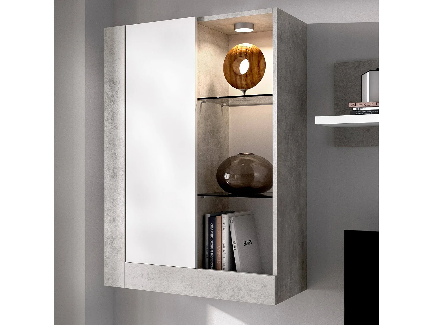 Dament wandsysteem, Modulaire woonkamerset, Multi-positie woonkamermeubilair, 265x42h180 cm, Wit en Cement