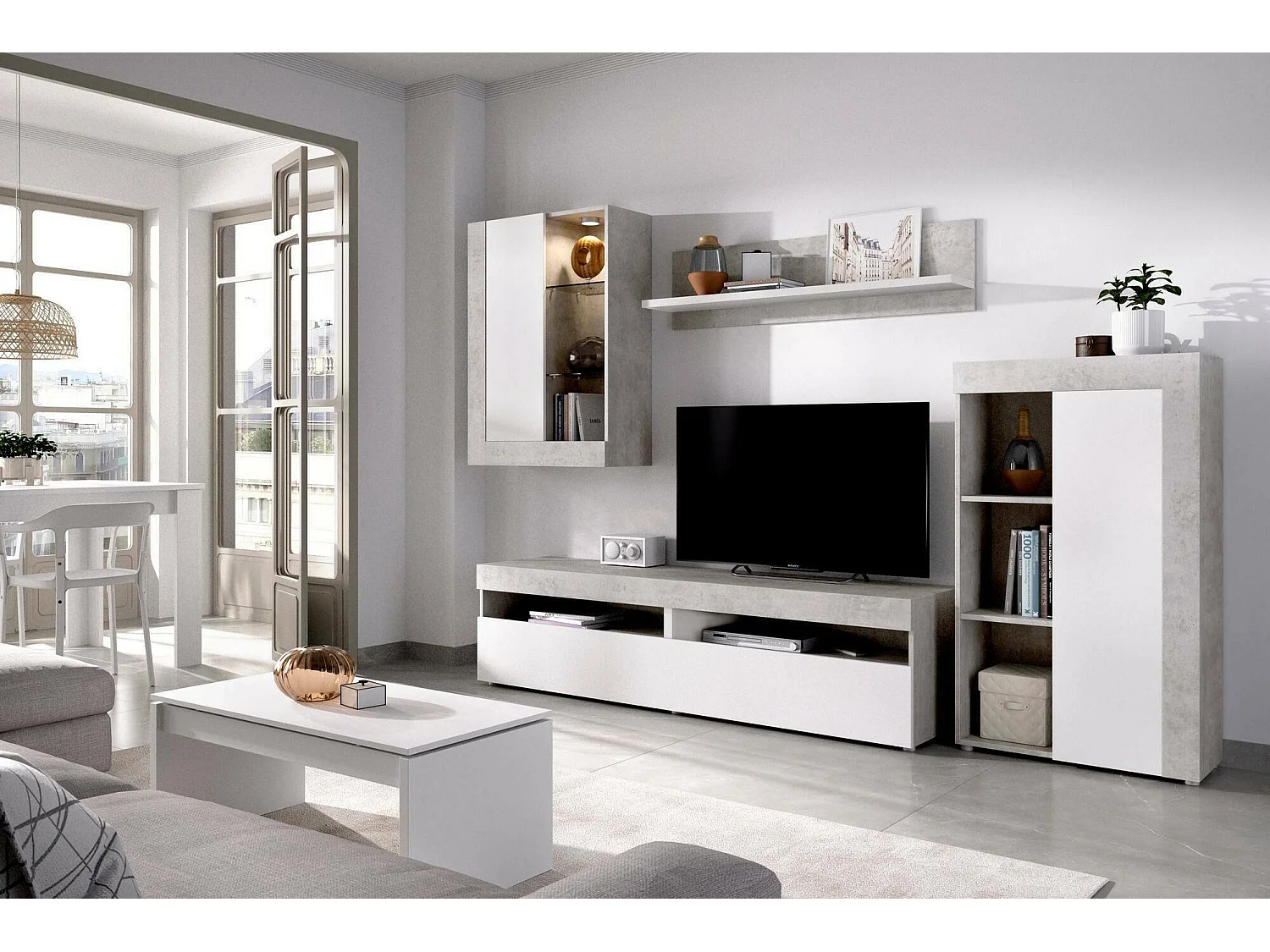Mueble alto Dament, Conjunto de salón Modular, Mueble salón multiposición, 265x42h180 cm, Blanco y Cemento