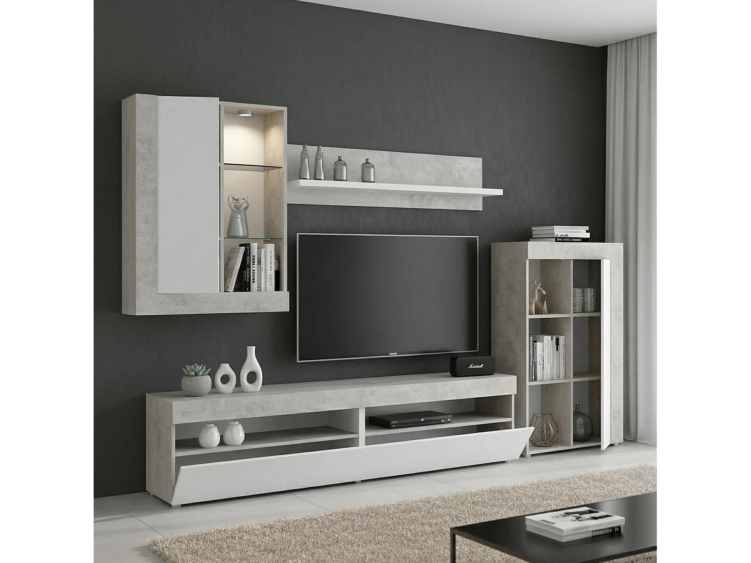 Système mural Dament, Ensemble de salon modulable, Meubles de salon multi-positions, 265x42h180 cm, Blanc et Ciment
