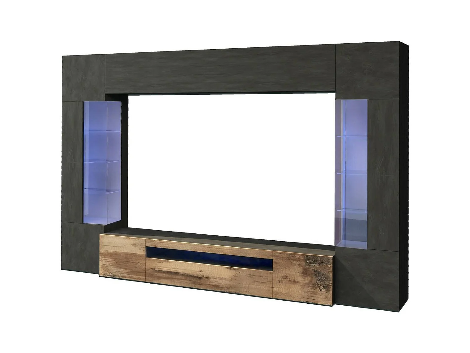 Wohnzimmermöbel Dberard, Wohnzimmer-Set TV-Möbel mit 6 Türen, Mehrzweck-Wohnzimmermöbel mit LED-Beleuchtung, 100% Made in Italy, cm 290x40h191, Anthrazit und Ahorn