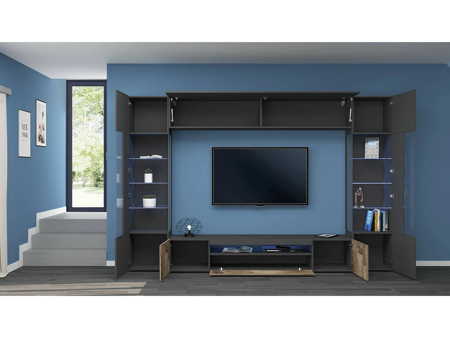 Wohnzimmermöbel Dberard, Wohnzimmer-Set TV-Möbel mit 6 Türen, Mehrzweck-Wohnzimmermöbel mit LED-Beleuchtung, 100% Made in Italy, cm 290x40h191, Anthrazit und Ahorn