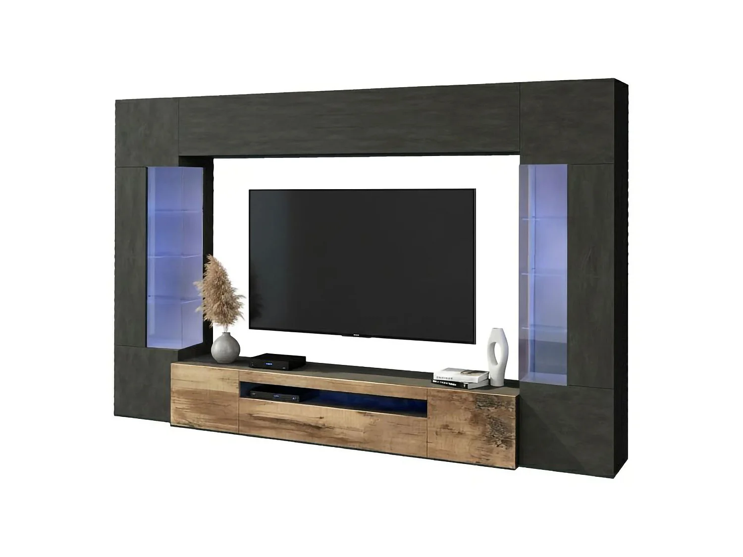 Système mural Dberard, ensemble de salon meuble TV 6 portes, meuble de salon polyvalent avec lumière LED, 100% Made in Italy, 290x40h191 cm, Anthracite et Érable