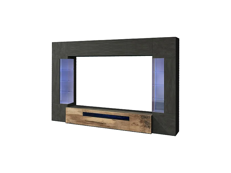 Système mural Dberard, ensemble de salon meuble TV 6 portes, meuble de salon polyvalent avec lumière LED, 100% Made in Italy, 290x40h191 cm, Anthracite et Érable