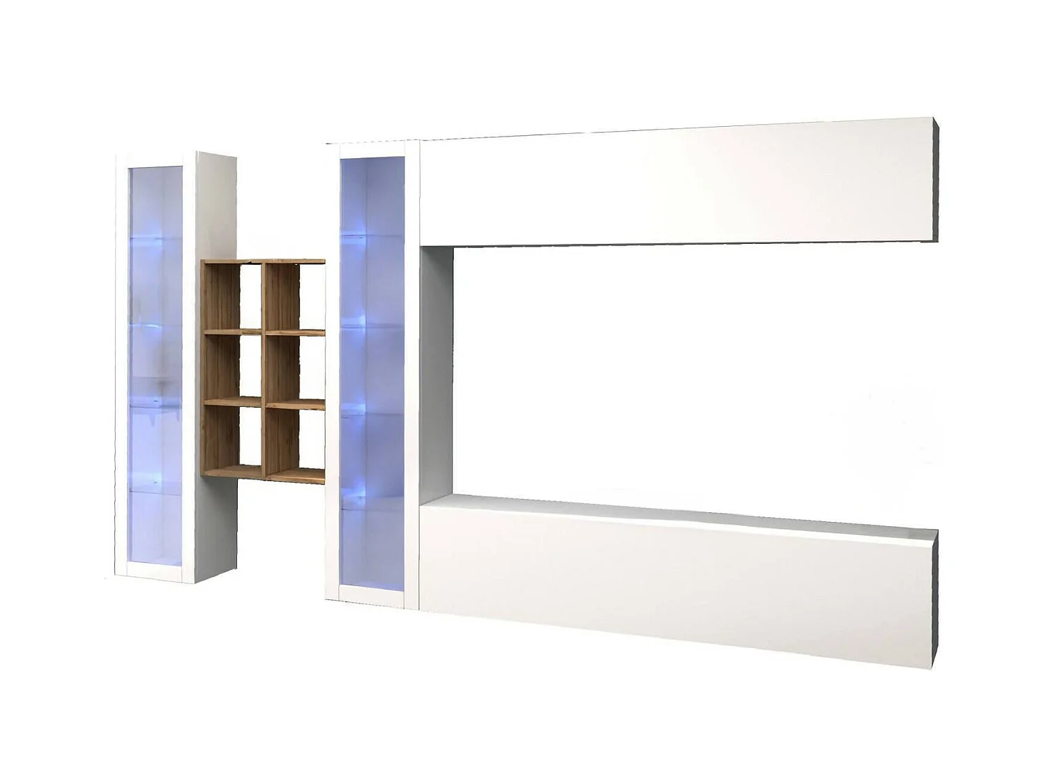 Système mural Dcaprin, meuble TV 4 portes, Meuble de salon polyvalent, 100% Made in Italy, 280x30h180 cm, Blanc brillant et érable