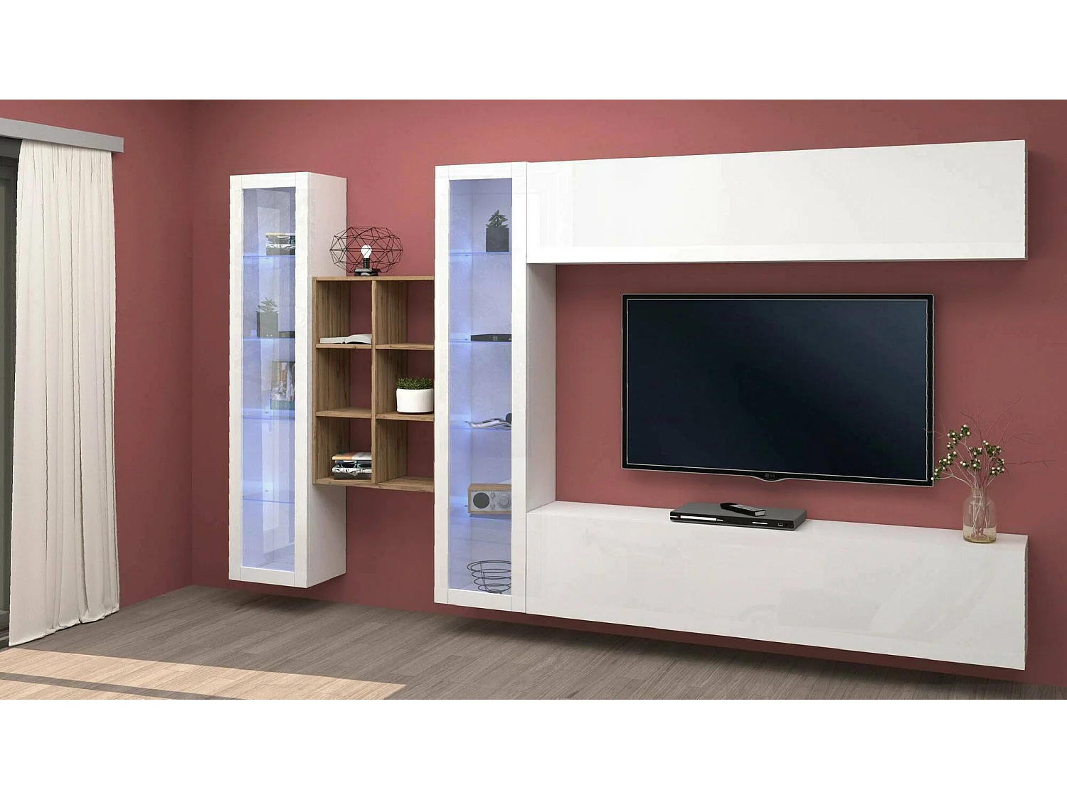 Móvel de parede Dcaprin, conjunto de sala de TV com 4 portas, móveis de sala multiuso, 100% fabricado na Itália, 280x30h180 cm, branco brilhante e bordo