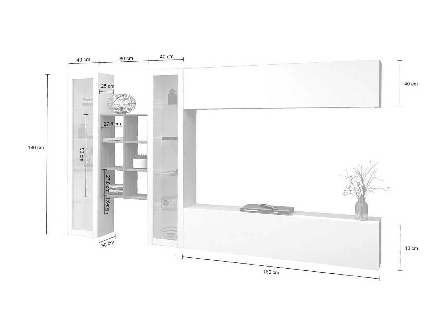 Móvel de parede Dcaprin, conjunto de sala de TV com 4 portas, móveis de sala multiuso, 100% fabricado na Itália, 280x30h180 cm, branco brilhante e bordo