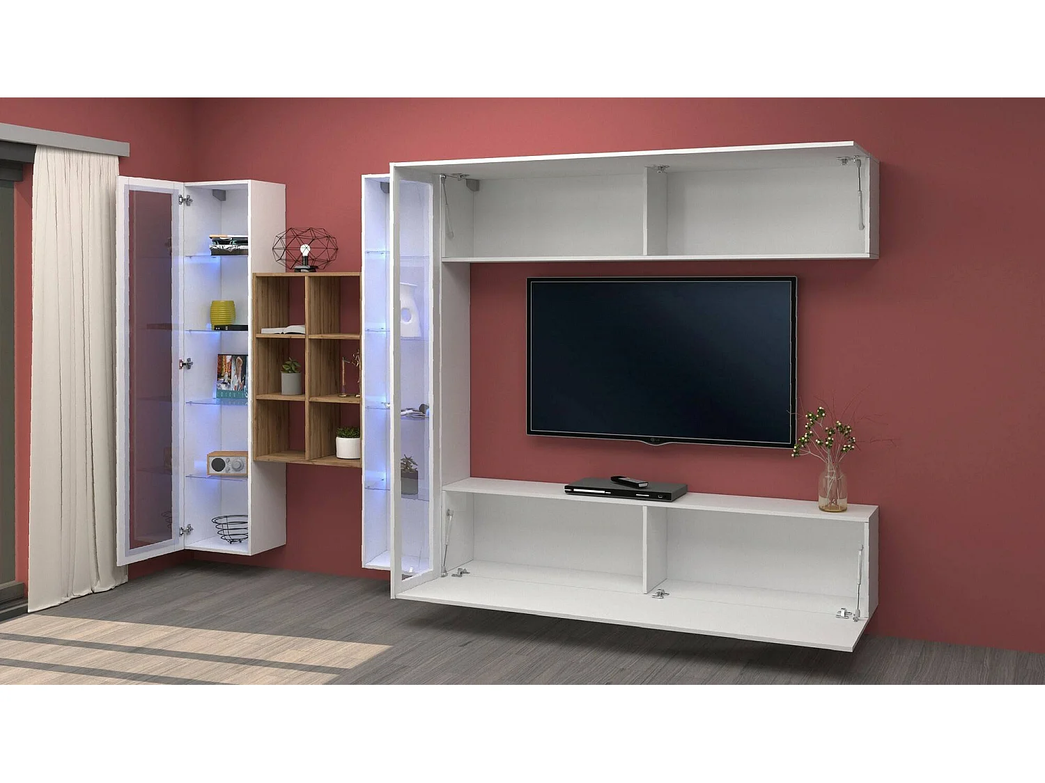 Móvel de parede Dcaprin, conjunto de sala de TV com 4 portas, móveis de sala multiuso, 100% fabricado na Itália, 280x30h180 cm, branco brilhante e bordo