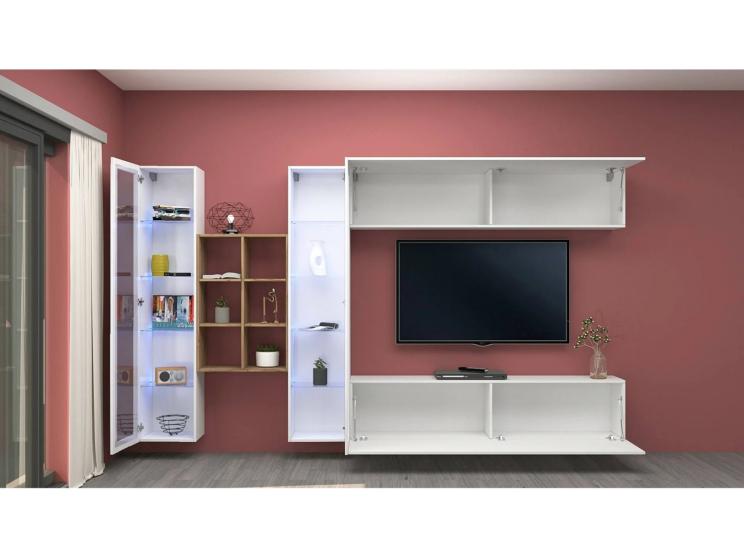 Móvel de parede Dcaprin, conjunto de sala de TV com 4 portas, móveis de sala multiuso, 100% fabricado na Itália, 280x30h180 cm, branco brilhante e bordo