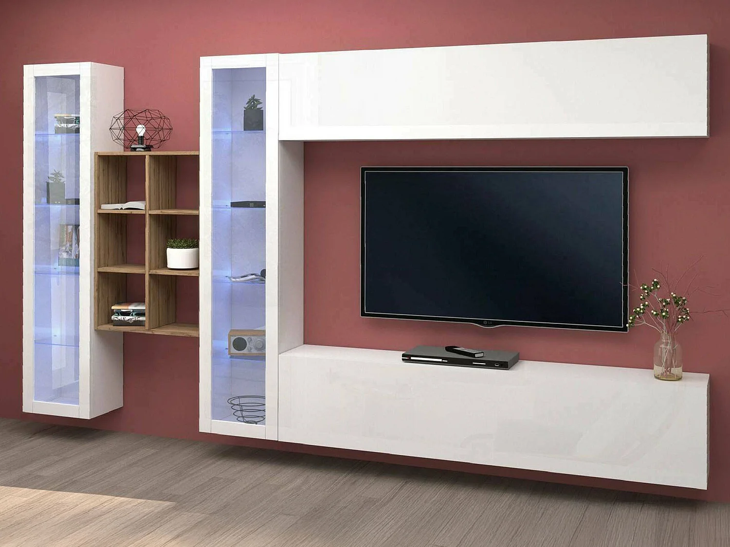 Système mural Dcaprin, meuble TV 4 portes, Meuble de salon polyvalent, 100% Made in Italy, 280x30h180 cm, Blanc brillant et érable