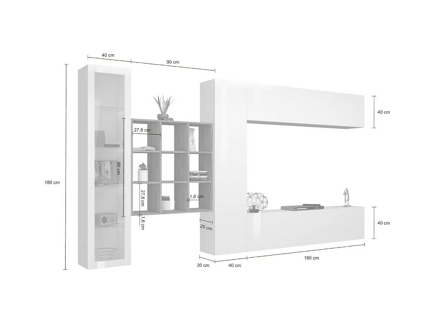 Dmora - Parete attrezzata Avegno, cm 310x30h180, Bianco lucido e Acero