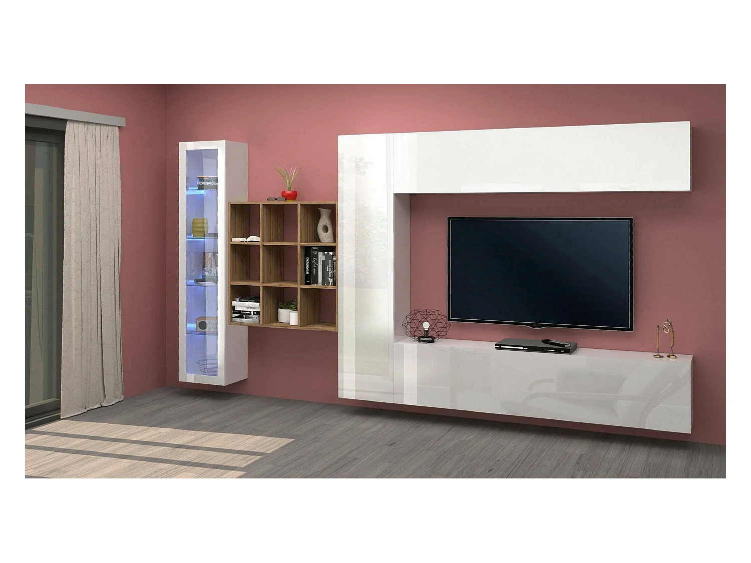 Dmora - Parete attrezzata Avegno, cm 310x30h180, Bianco lucido e Acero