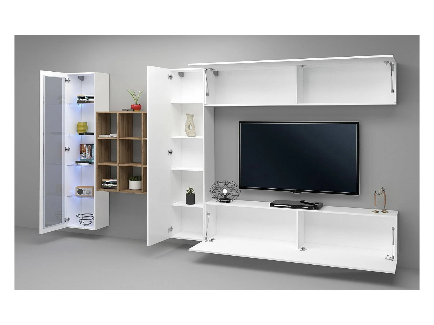 Dmora - Parete attrezzata Avegno, cm 310x30h180, Bianco lucido e Acero