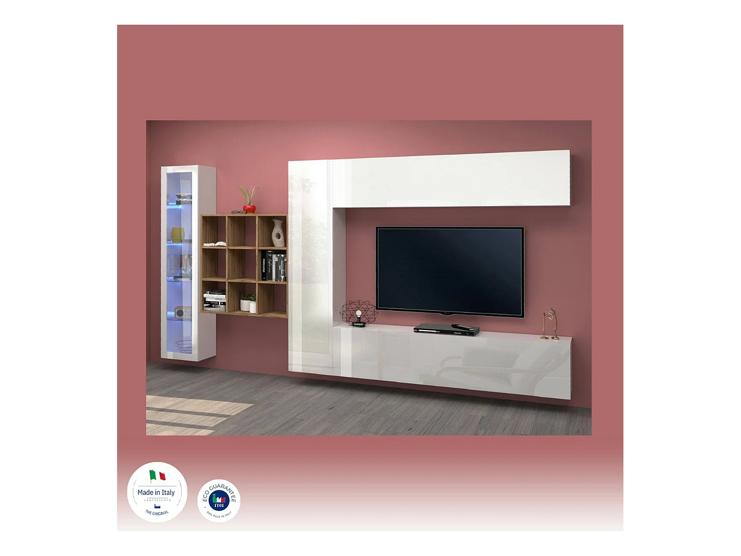 Dmora - Parete attrezzata Avegno, cm 310x30h180, Bianco lucido e Acero