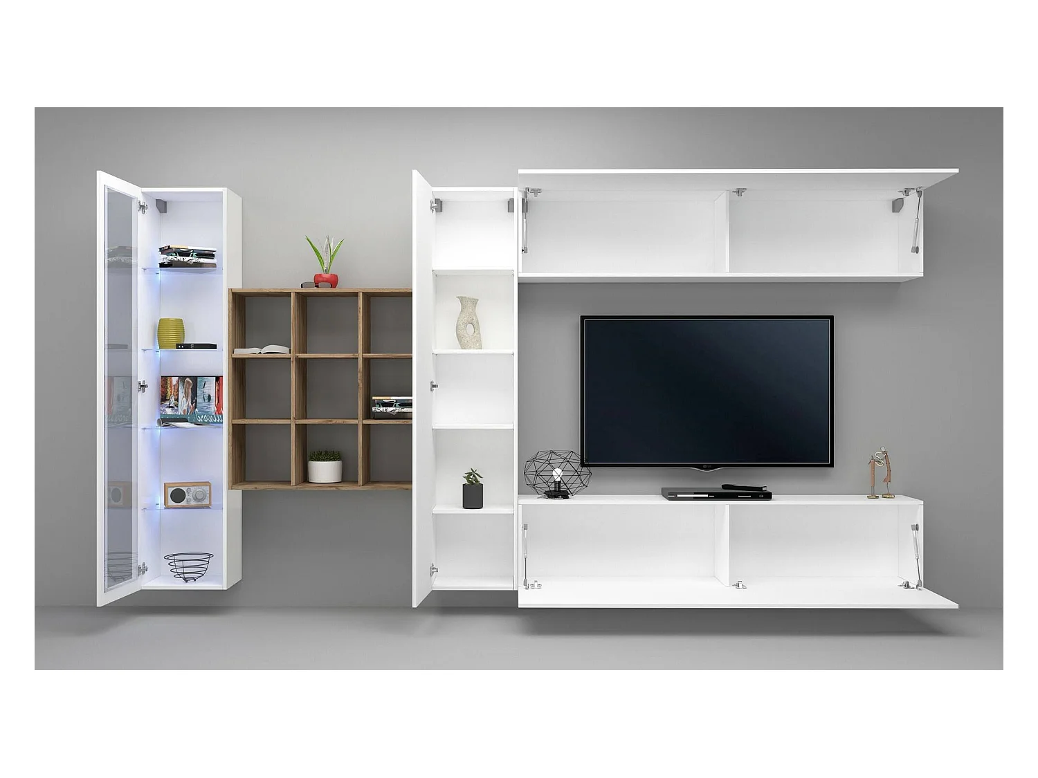 Dmora - Parete attrezzata Avegno, cm 310x30h180, Bianco lucido e Acero