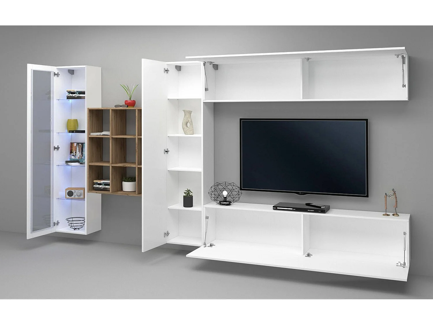 Avegno mueble alto, mueble de salón mueble TV 4 puertas, Mueble de salón multiusos con vitrina y luz LED, 100% Made in Italy, 310x30h180 cm, Blanco brillo y arce