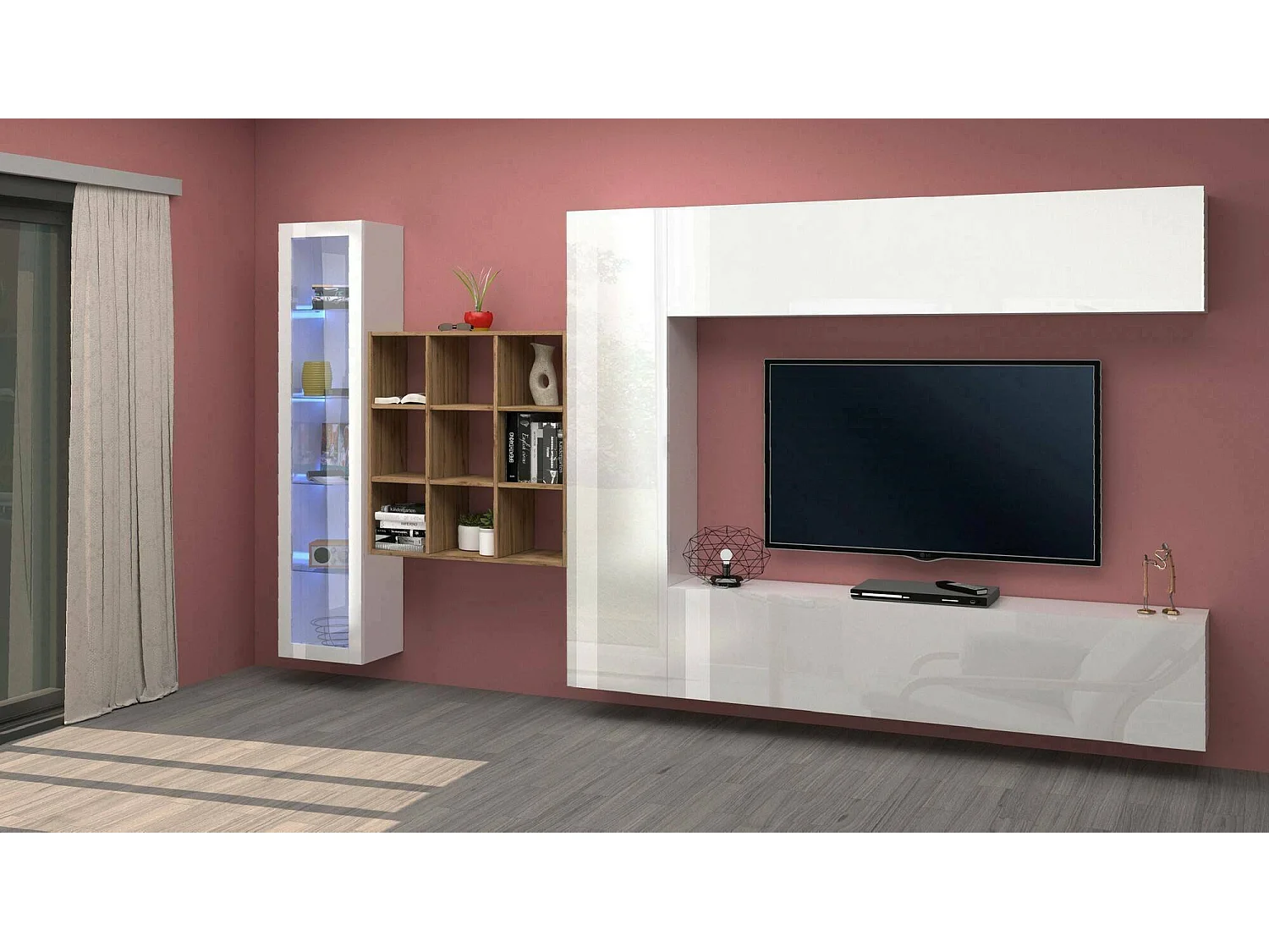 Élément mural Dcolle, meuble TV 4 portes, Meuble de salon polyvalent avec vitrine et lumière LED, 100% Made in Italy, 310x30h180 cm, Blanc brillant et érable