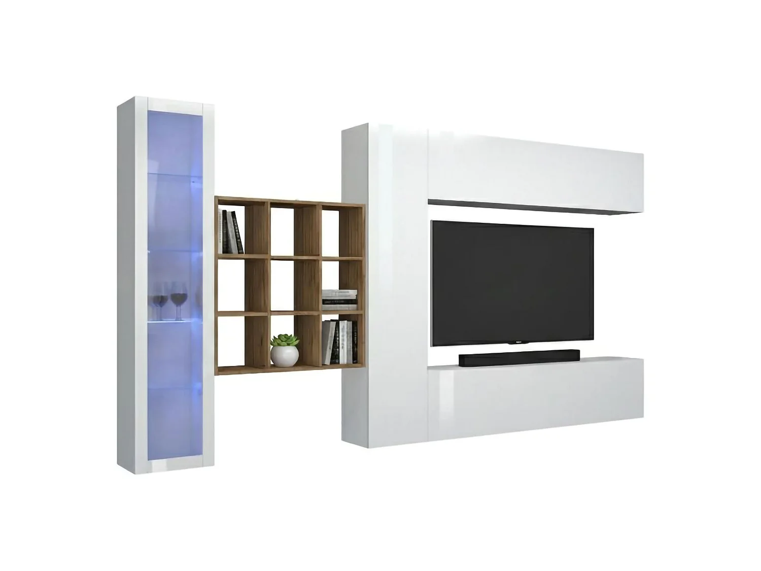 Élément mural Dcolle, meuble TV 4 portes, Meuble de salon polyvalent avec vitrine et lumière LED, 100% Made in Italy, 310x30h180 cm, Blanc brillant et érable