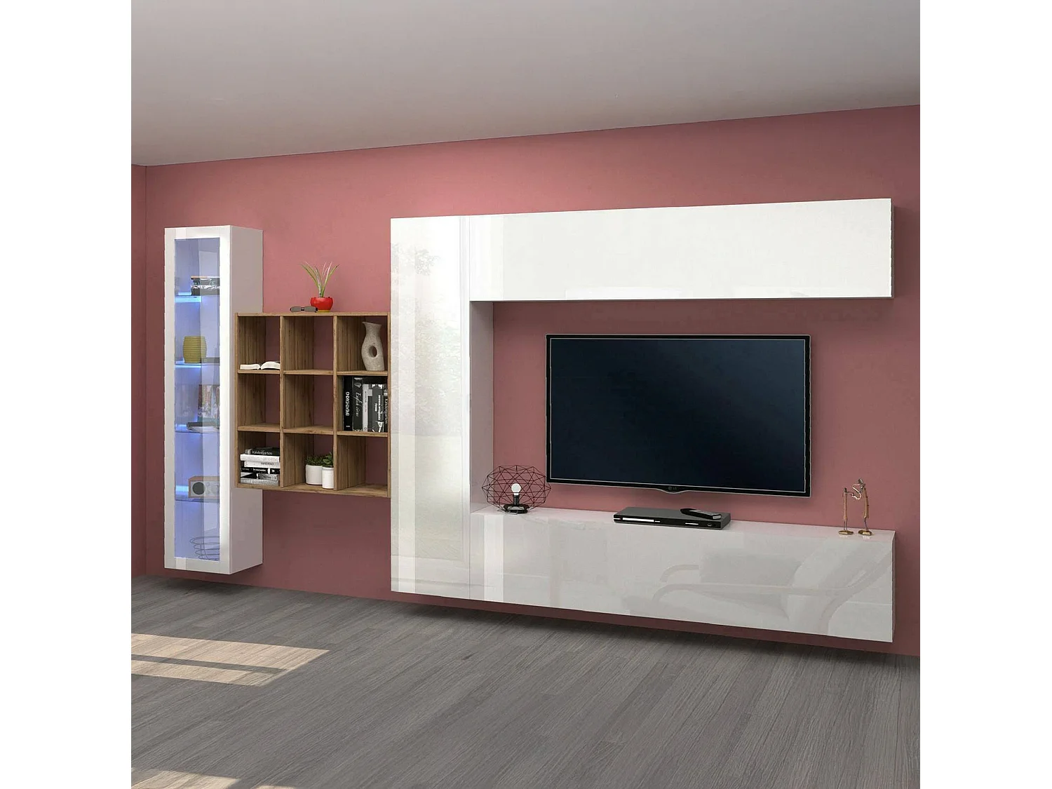 Élément mural Dcolle, meuble TV 4 portes, Meuble de salon polyvalent avec vitrine et lumière LED, 100% Made in Italy, 310x30h180 cm, Blanc brillant et érable