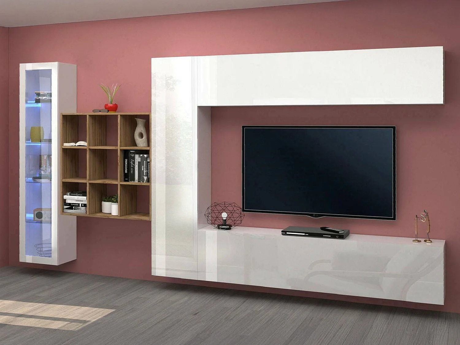 Élément mural Dcolle, meuble TV 4 portes, Meuble de salon polyvalent avec vitrine et lumière LED, 100% Made in Italy, 310x30h180 cm, Blanc brillant et érable