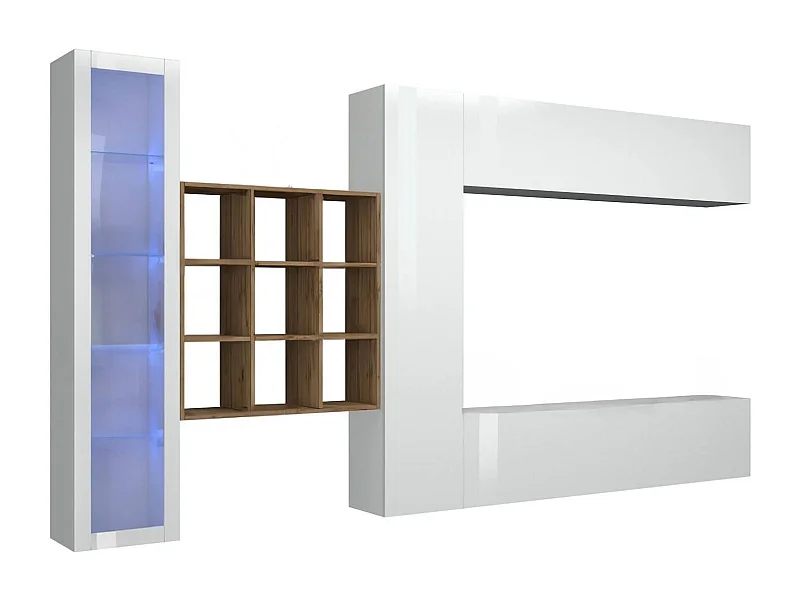 Dcolle wandyteem, 4-deur TV-meubel woonkameret, Multifunctioneel woonkamermeubel met vitrine en LED-licht, 100% Made in Italy, 310x30h180 cm, Glanzend wit en edoorn