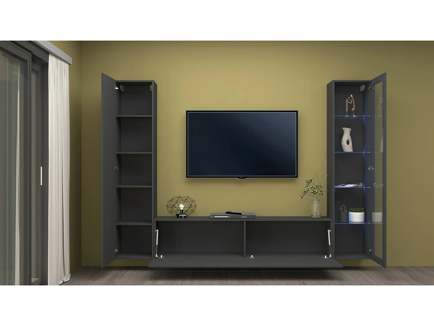 Système mural Dekda, ensemble de salon meuble TV 3 portes, meuble de salon polyvalent avec vitrine et lumière LED, 100% Made in Italy, 260x30h180 cm, Anthracite