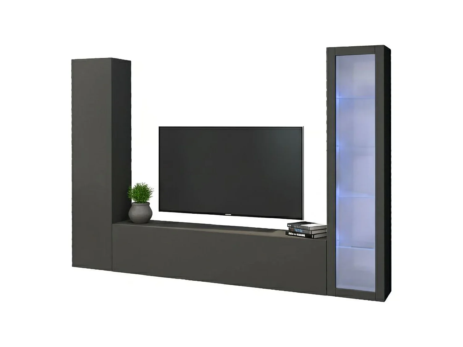 Système mural Dekda, ensemble de salon meuble TV 3 portes, meuble de salon polyvalent avec vitrine et lumière LED, 100% Made in Italy, 260x30h180 cm, Anthracite