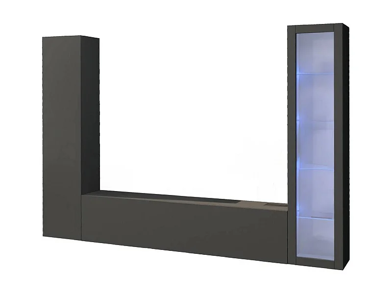 Aparador Dekda, Conjunto de salón Mueble de TV con 3 puertas, Mueble de salón polivalente con vitrina y luz LED, 100% Made in Italy, cm 260x30h180, Antracita