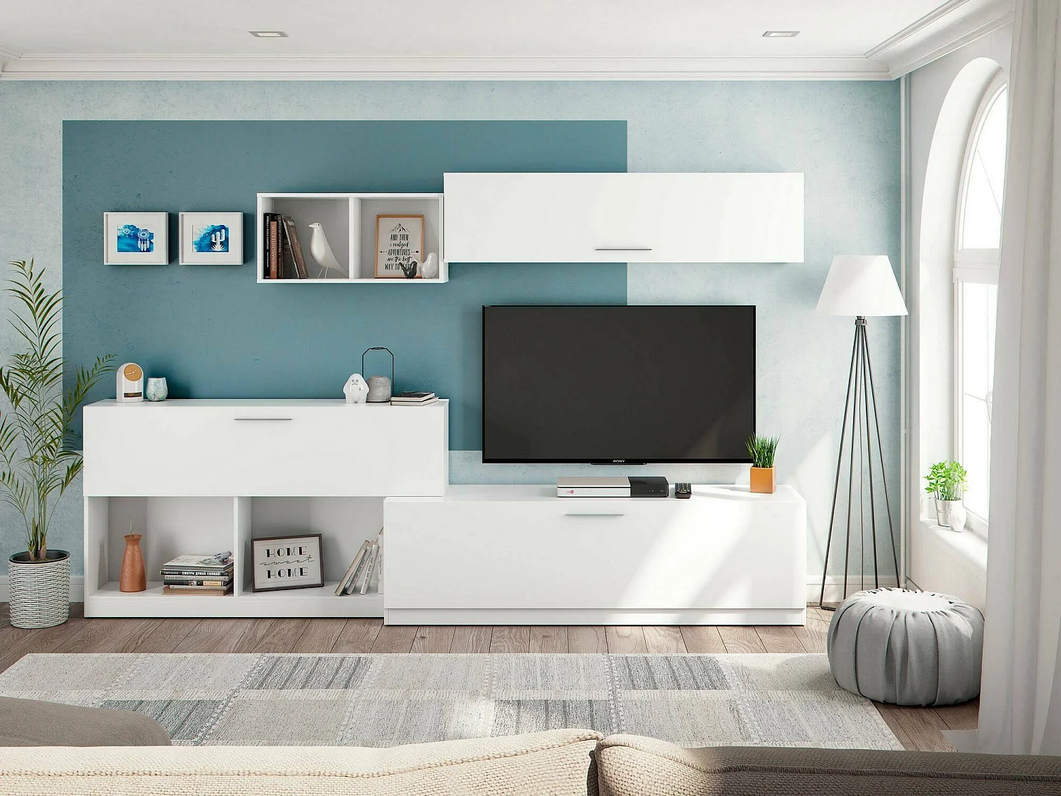 Walnoot wandmeubel, Moderne woonkamerset, Multifunctioneel woonkamermeubilair, 260x41h222 cm, Wit