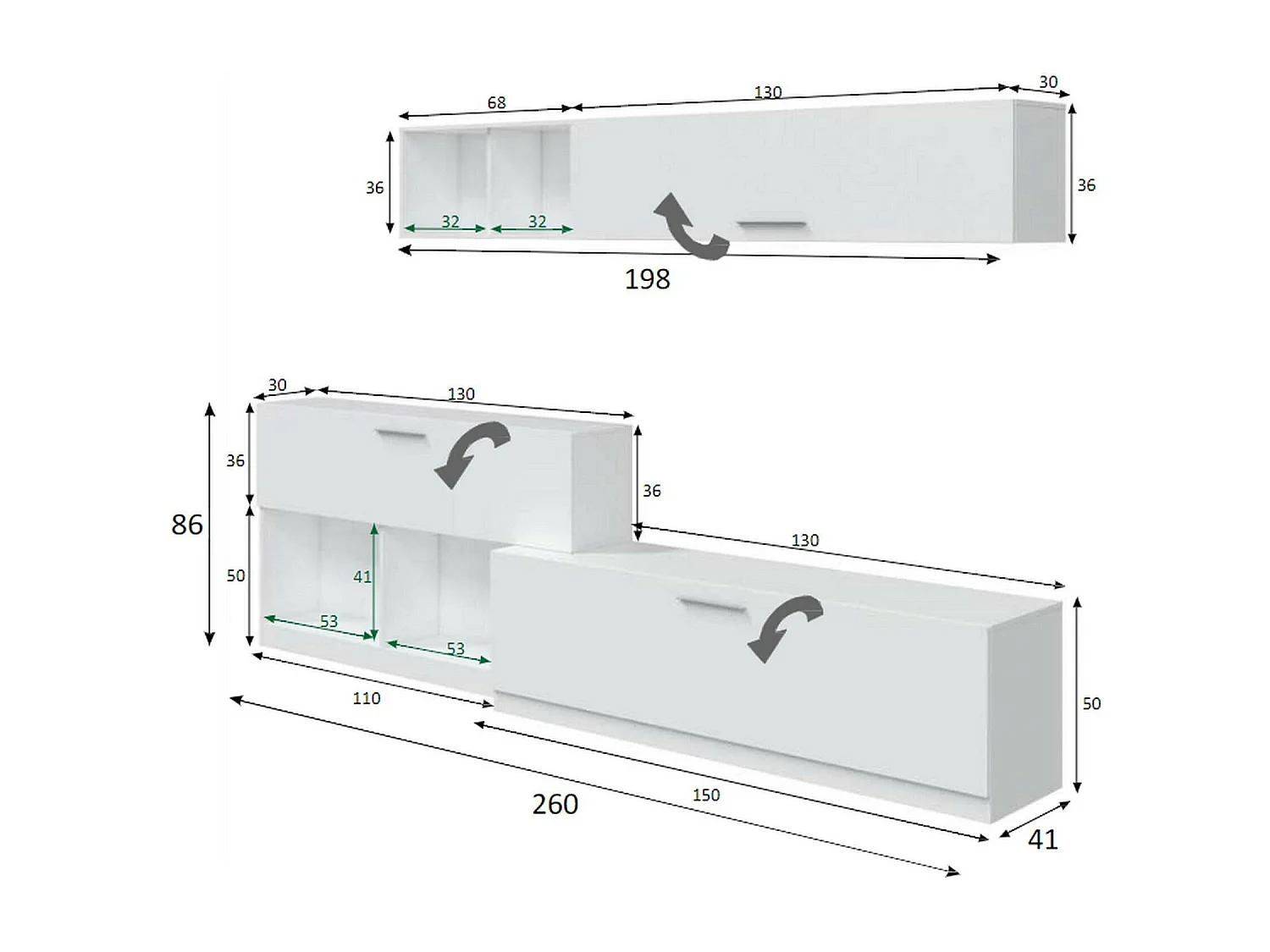 Walnoot wandmeubel, Moderne woonkamerset, Multifunctioneel woonkamermeubilair, 260x41h222 cm, Wit
