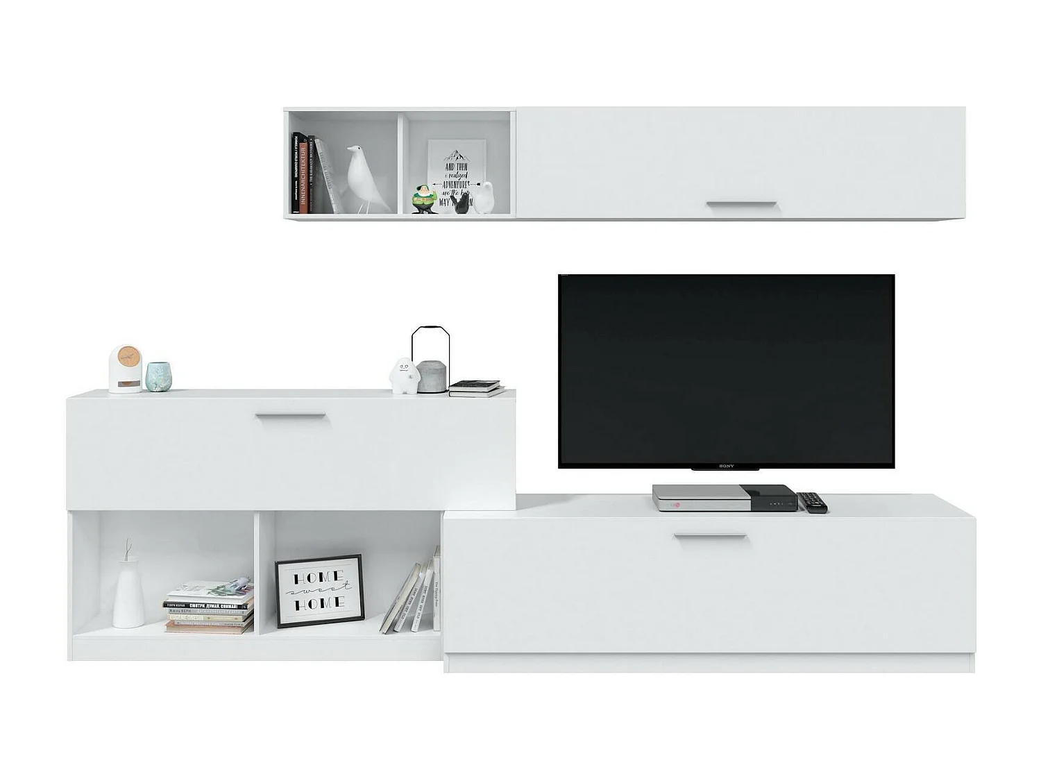 Walnoot wandmeubel, Moderne woonkamerset, Multifunctioneel woonkamermeubilair, 260x41h222 cm, Wit