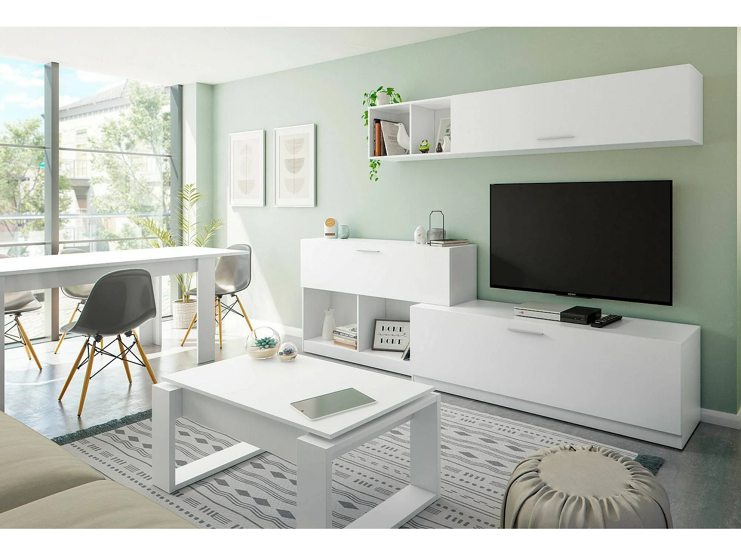 Walnoot wandmeubel, Moderne woonkamerset, Multifunctioneel woonkamermeubilair, 260x41h222 cm, Wit