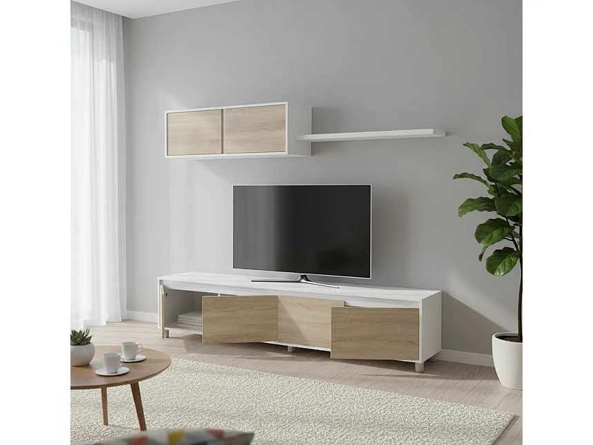 Système mural Damatte, meuble TV meuble de salon, composition d'ensemble de salon, ensemble de salon avec élément mural, 200x41h43 cm, blanc et chêne