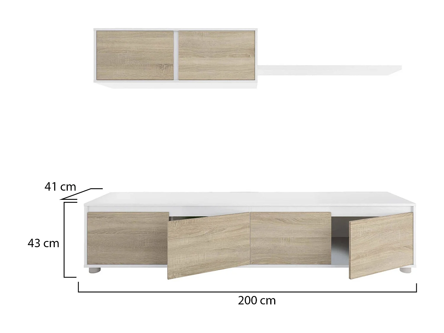 Einbaufertige Wand Damatte, TV-Ständer für Wohnzimmer, Zusammensetzung des Wohnzimmersets, Wohnzimmergarnitur mit Schrankwand, 200x41h43 cm, WeiÃŸ und Eiche